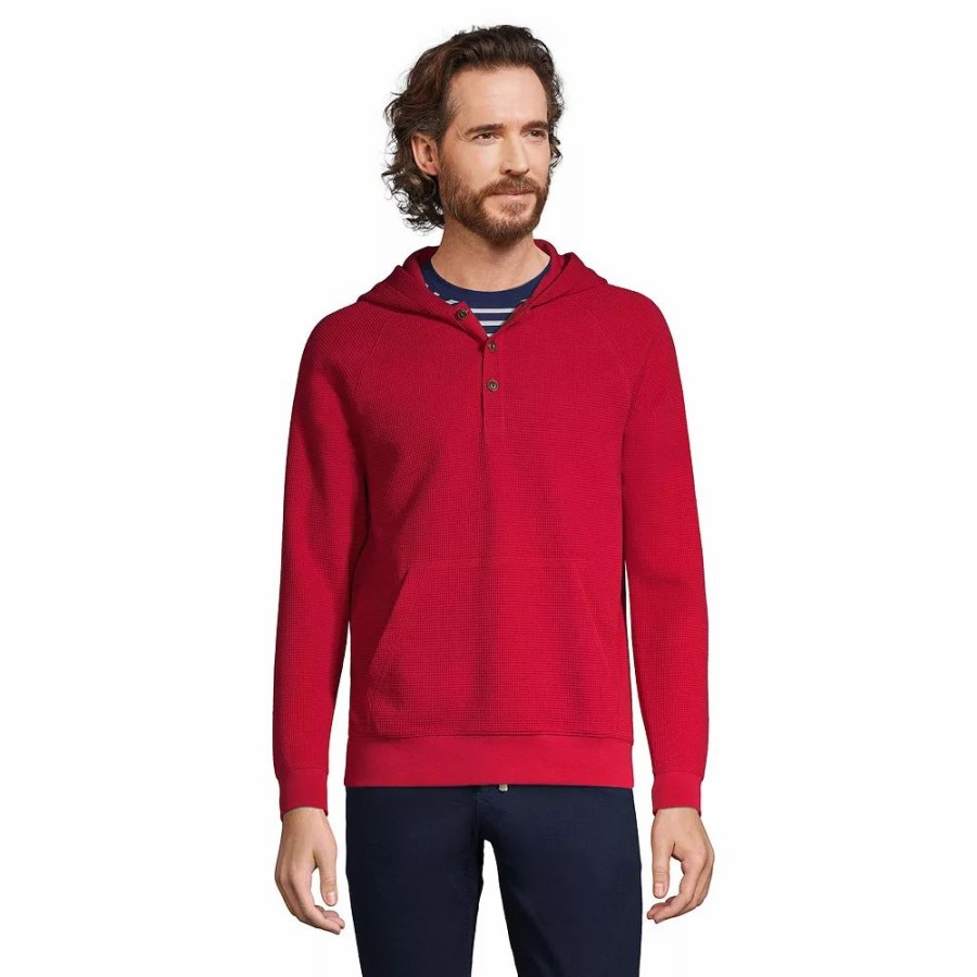 Tops * | Big & Tall Lands' End Waffle Henley Hoodie Rich Red