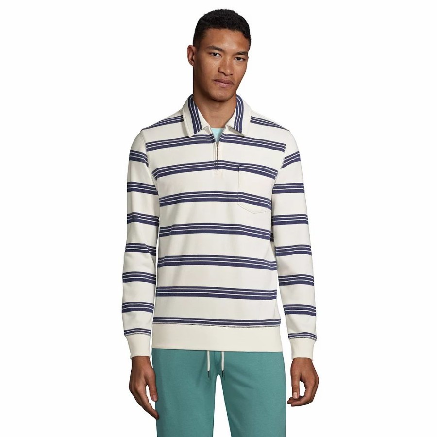 Tops * | Big & Tall Lands' End Serious Sweats Striped French Terry Quarter-Zip Polo