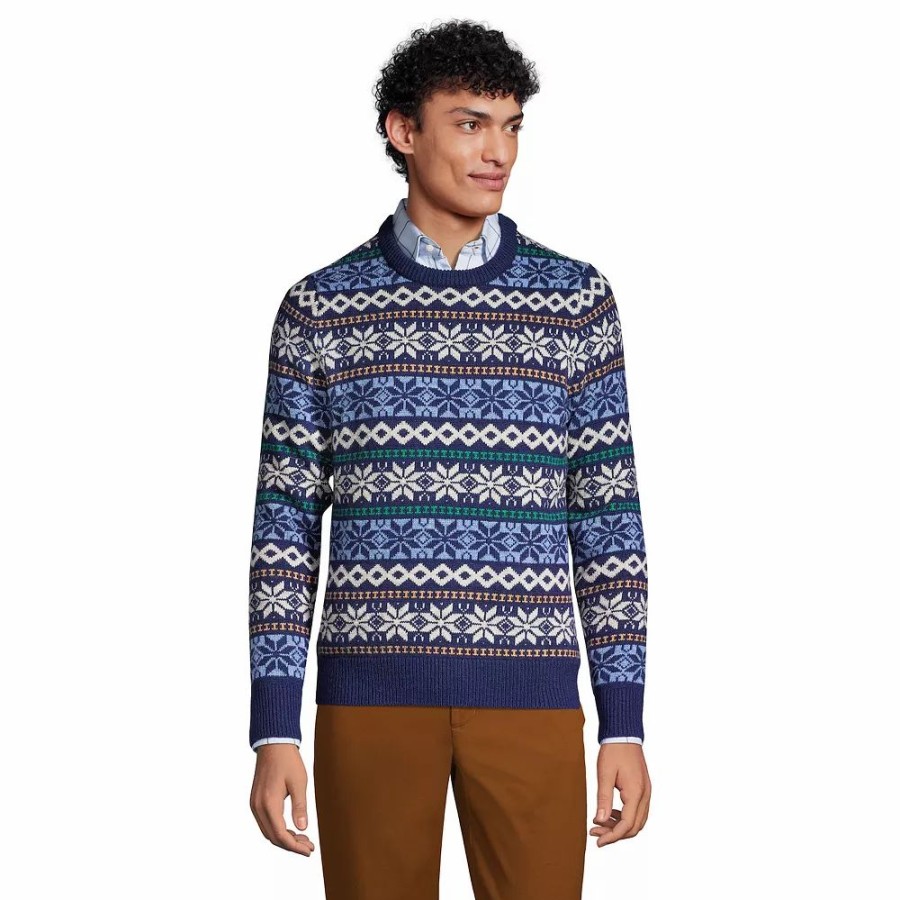 Tops * | Men'S Lands' End Lighthouse Snowflake Sweater