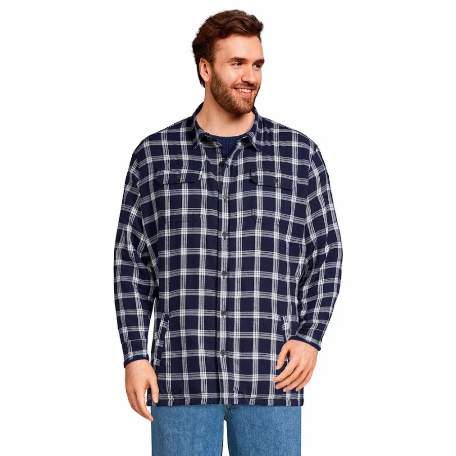 Outerwear * | Big & Tall Lands' End Flannel Sherpa-Lined Shirt Jacket Navy Ivory Plaid