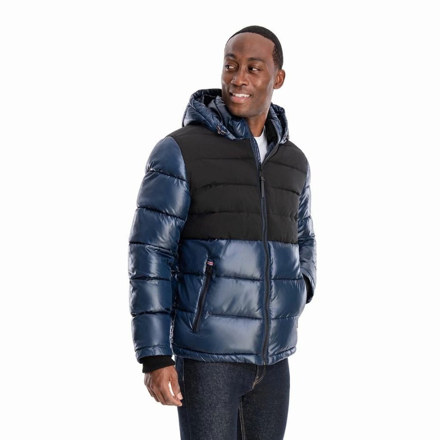 Outerwear * | Men'S Tower By London Fog Colorblock Quilted Hooded Puffer Coat