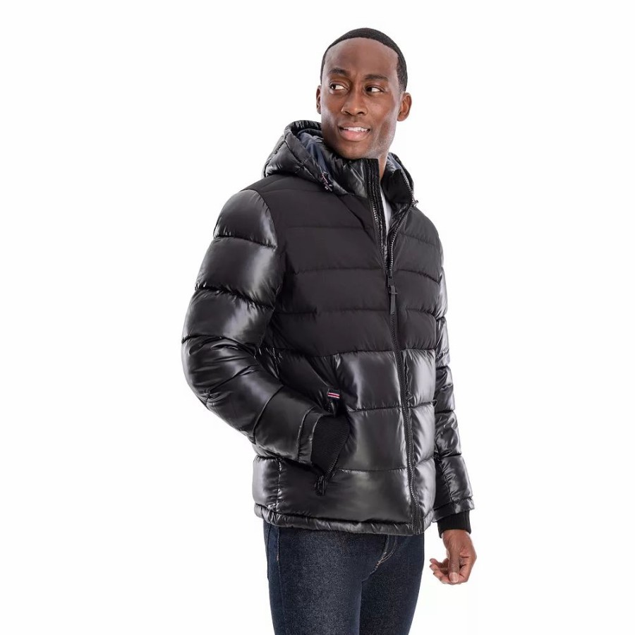 Outerwear * | Men'S Tower By London Fog Colorblock Quilted Hooded Puffer Coat