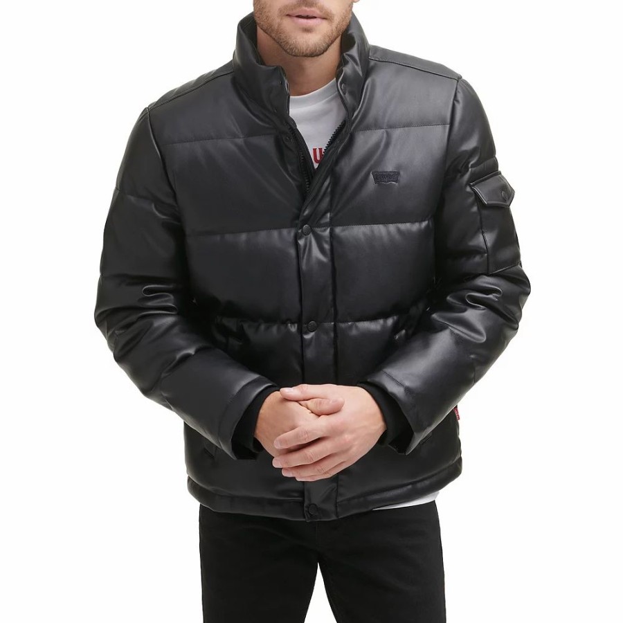 Outerwear * | Men'S Levi'S Faux-Leather Fashion Puffer Jacket Black