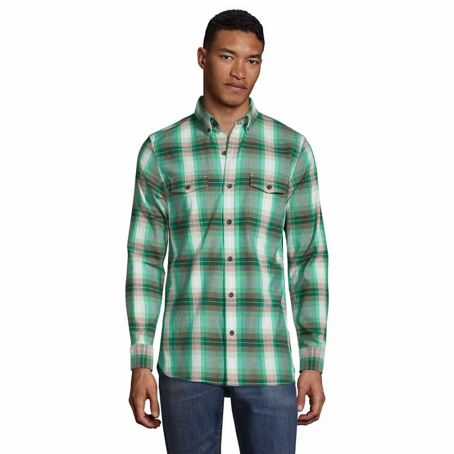 Tops * | Men'S Lands' End Traditional-Fit Comfort-First Lightweight Plaid Flannel Button-Down Shirt