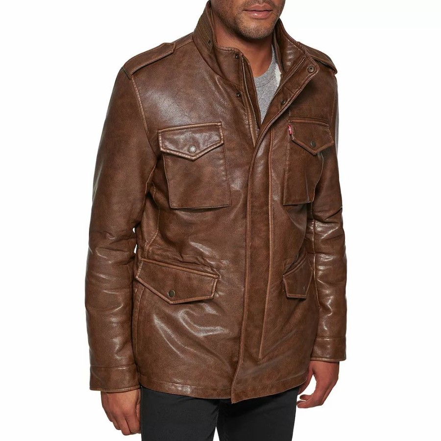 Outerwear * | Men'S Levi'S Faux-Leather Sherpa-Lined Military Bomber Jacket Saddle