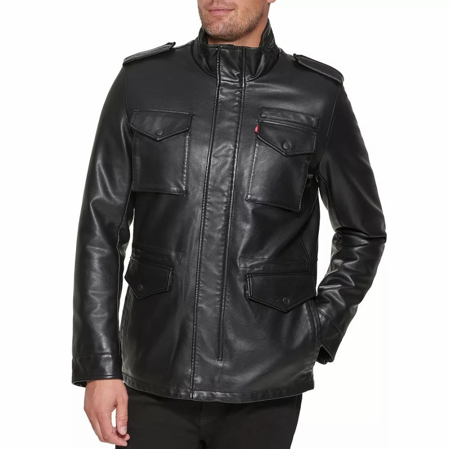 Outerwear * | Men'S Levi'S Faux-Leather Sherpa-Lined Military Bomber Jacket Saddle