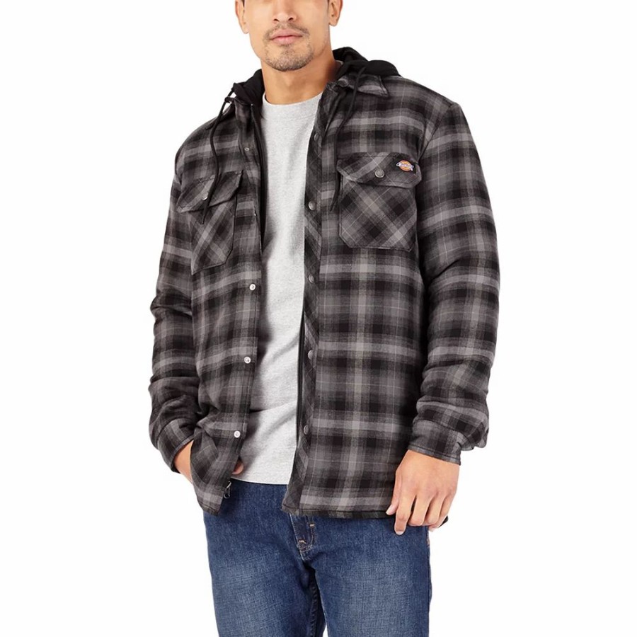 Outerwear * | Men'S Dickies Fleece Hooded Flannel Shirt Jacket With Hydroshield