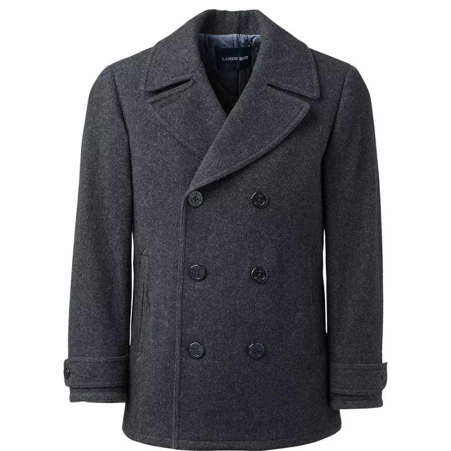 Outerwear * | Men'S Lands' End Wool-Blend Double-Breasted Peacoat Dark Charcoal Heather