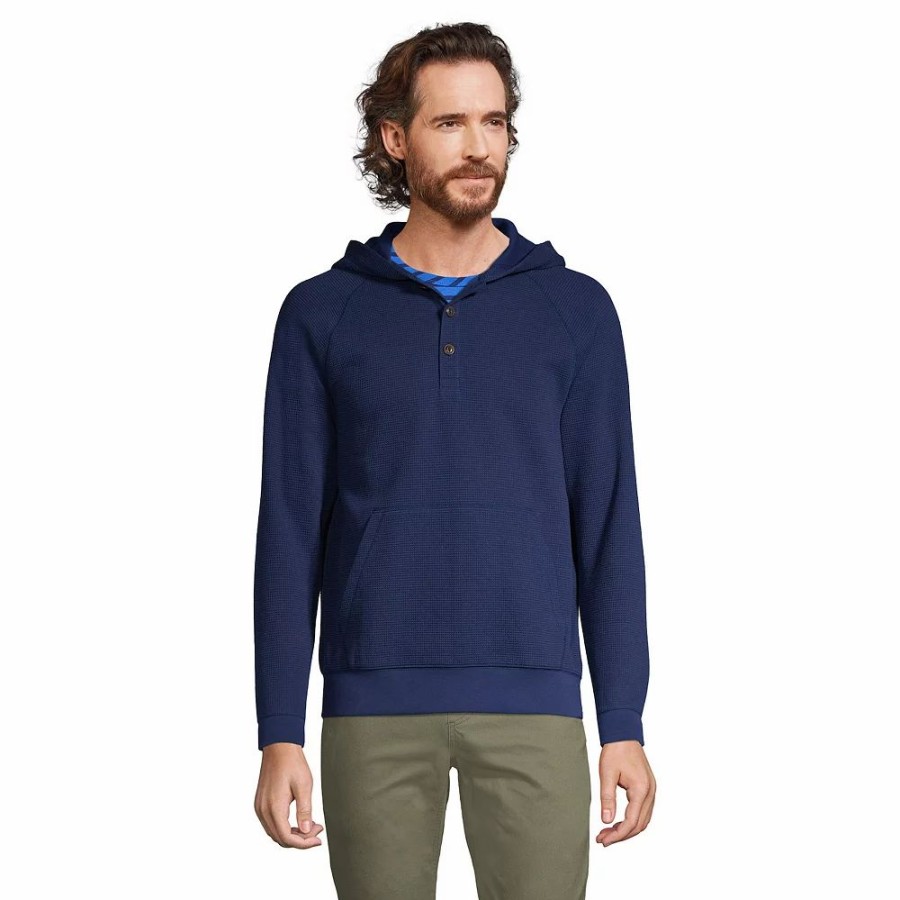 Tops * | Men'S Lands' End Waffle Henley Hoodie