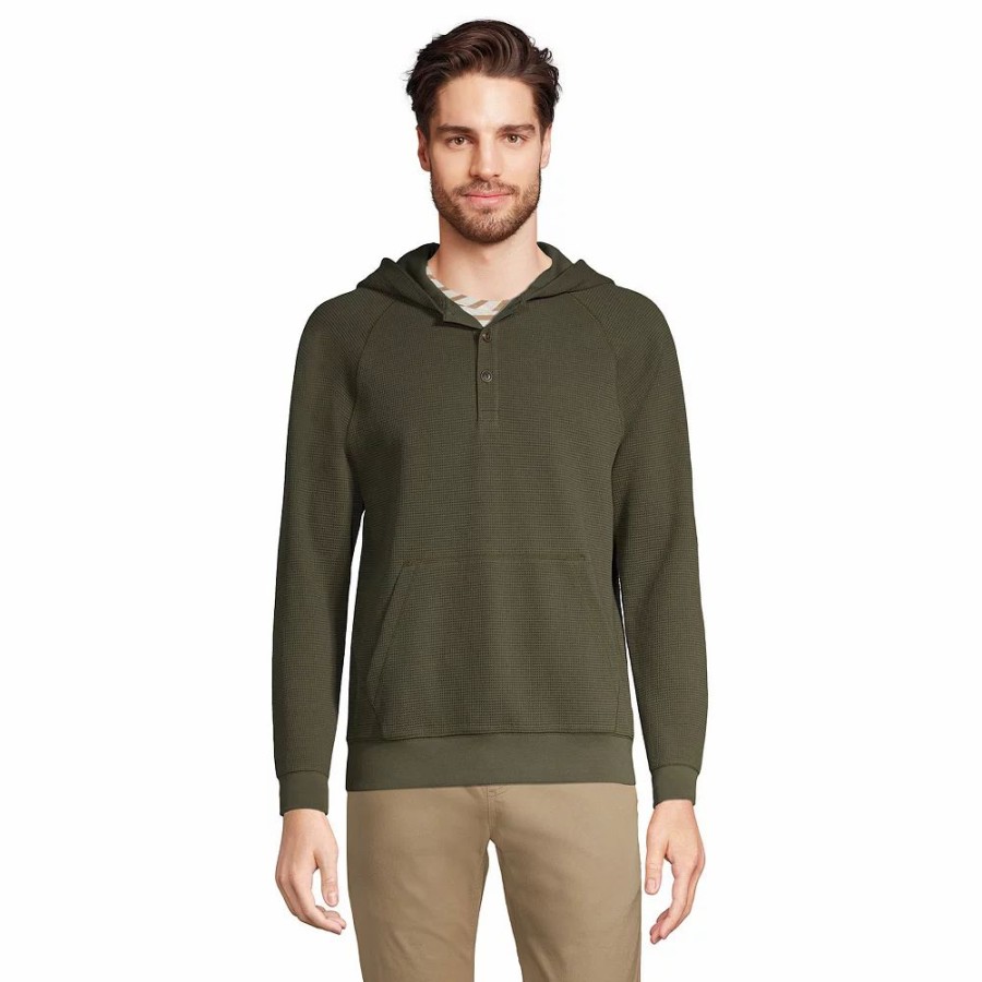 Tops * | Men'S Lands' End Waffle Henley Hoodie