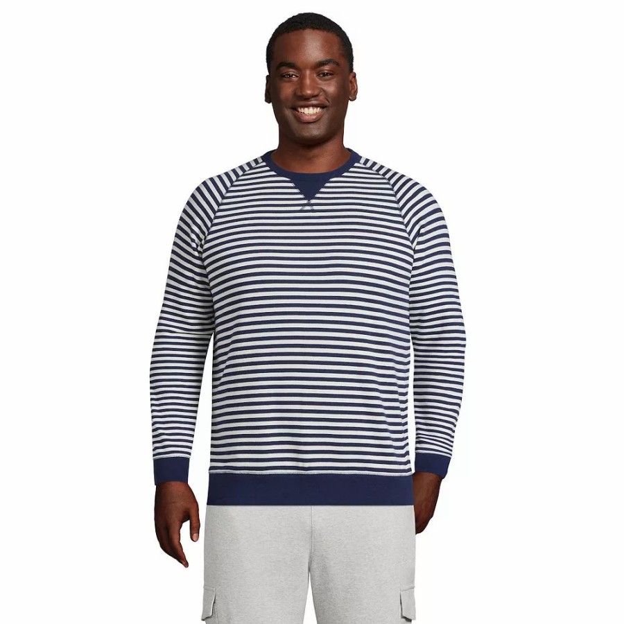 Tops * | Big & Tall Lands' End Serious Sweats Striped French Terry Crewneck Sweatshirt