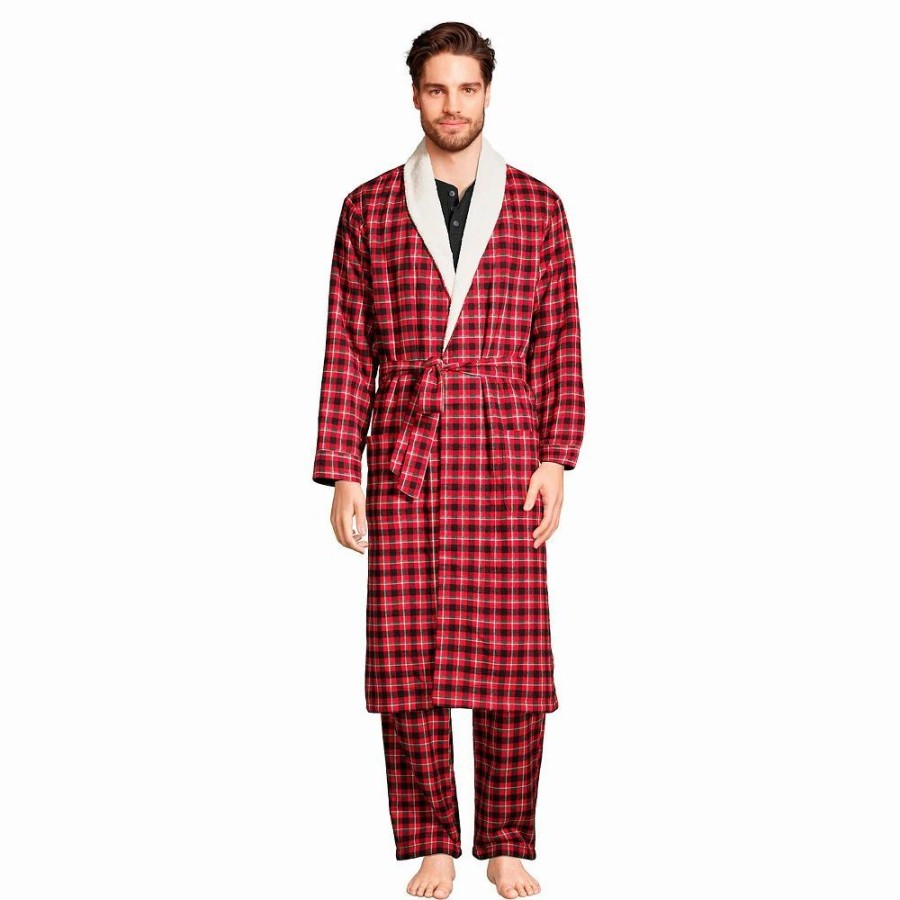 Sleepwear * | Men'S Lands' End Sherpa-Lined Flannel Robe Rich Red Field Check