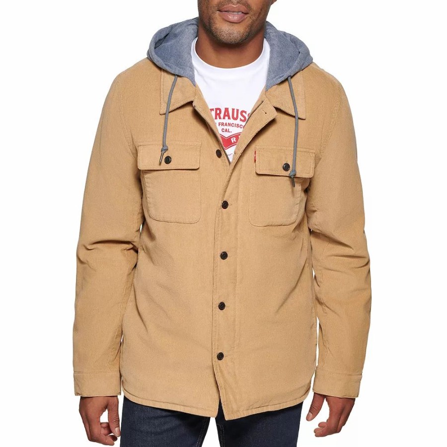 Outerwear * | Men'S Levi'S Corduroy Sherpa-Lined Hooded Shacket Tan