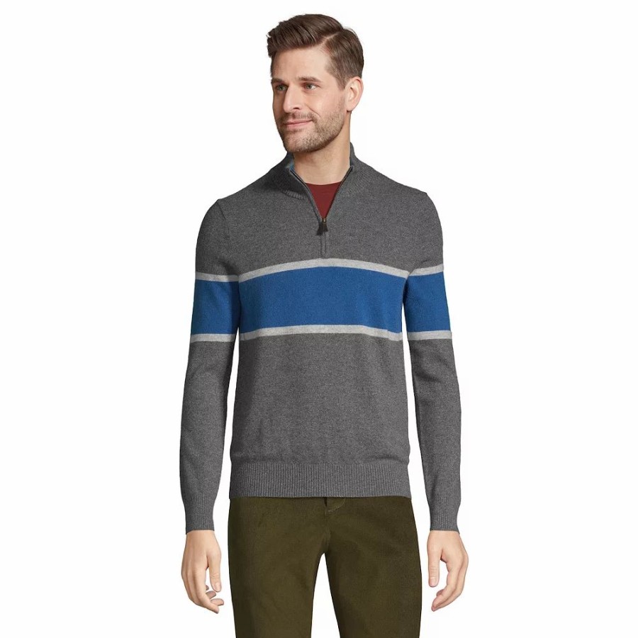 Tops * | Men'S Lands' End Modern-Fit Striped Fine Gauge Cashmere Quarter-Zip Pullover Sweater