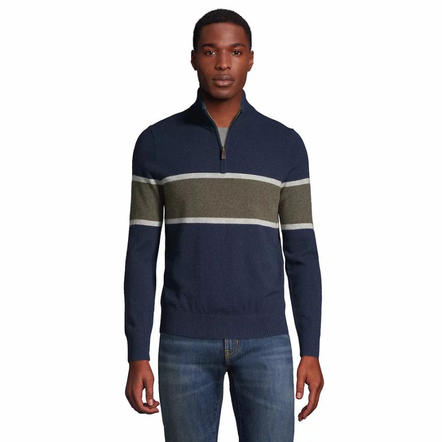 Tops * | Men'S Lands' End Modern-Fit Striped Fine Gauge Cashmere Quarter-Zip Pullover Sweater