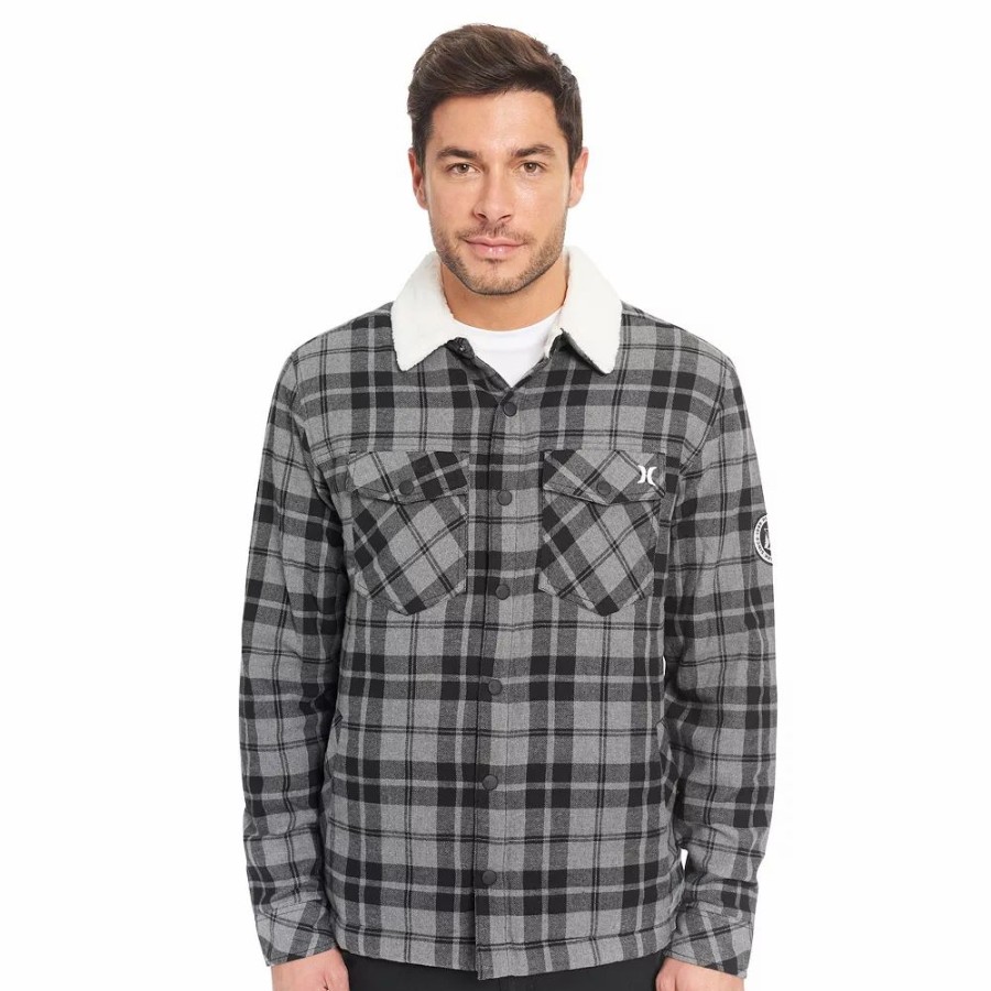 Tops * | Men'S Hurley Head Of Class Flannel Shacket With Sherpa Lining