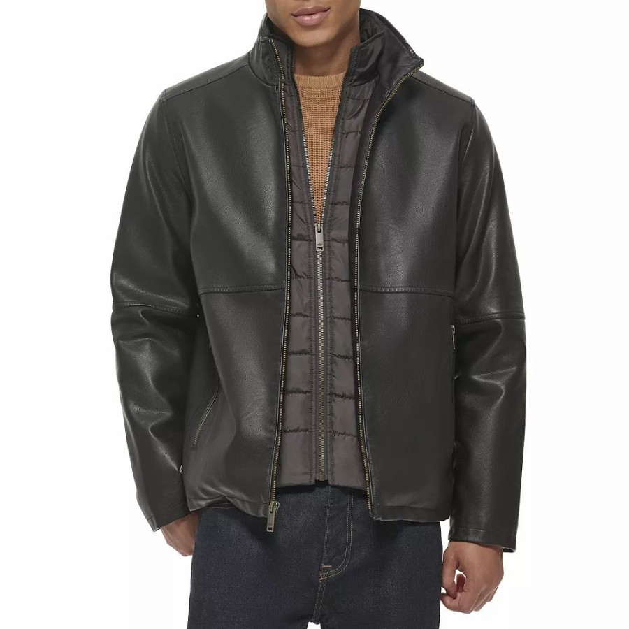 Outerwear * | Men'S Dockers Faux Leather Jacket With Quilted Bib