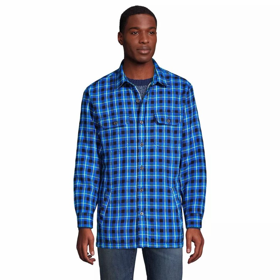 Outerwear * | Big & Tall Lands' End Flannel Sherpa-Lined Shirt Jacket Cobalt Field Check